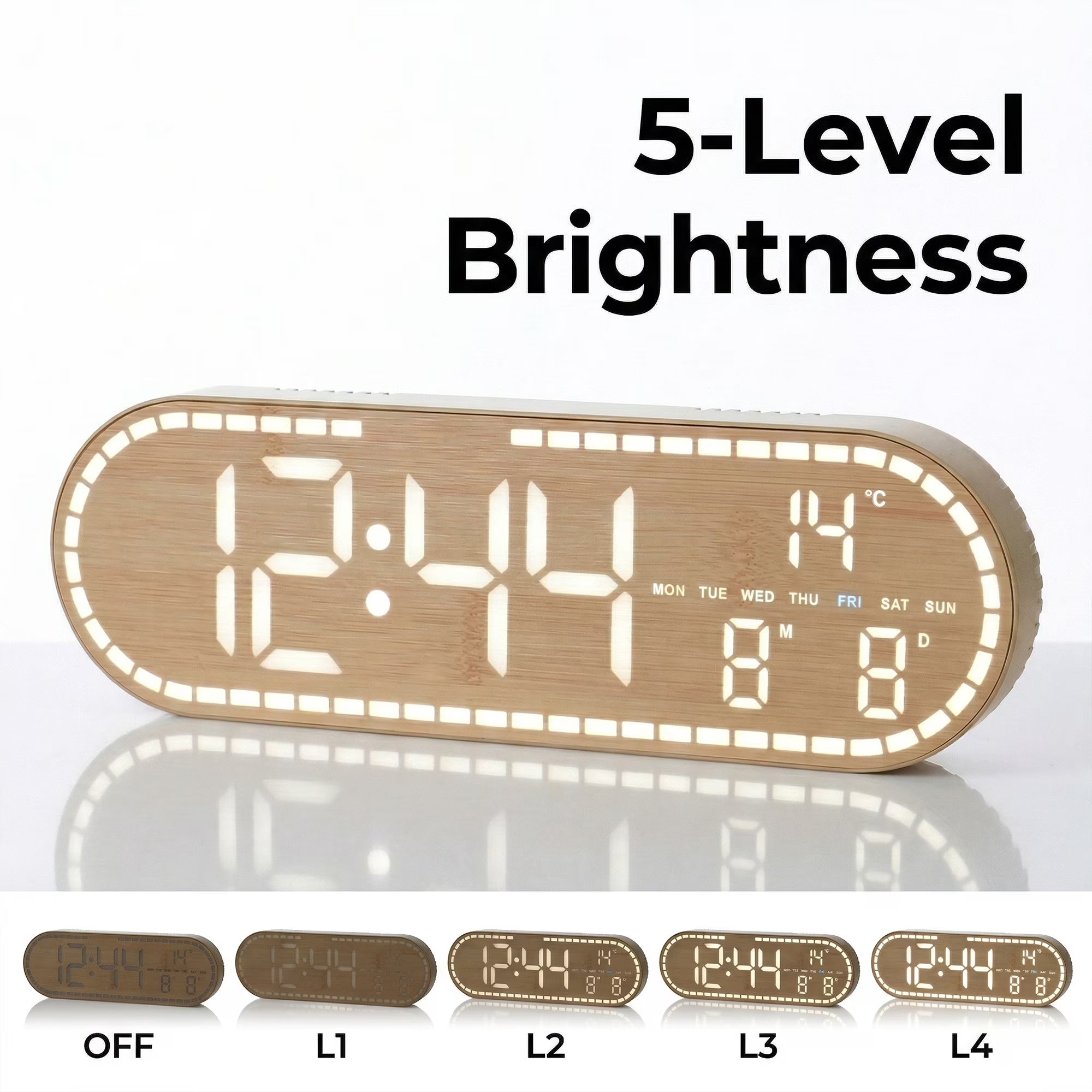 Wood Textured Oval Multi-Function Digital Desk Clock, Auto-Sensing Dimmable Led Timepiece With Dual Wake Timers, Countdown Timer And Power Cut Memory Storage