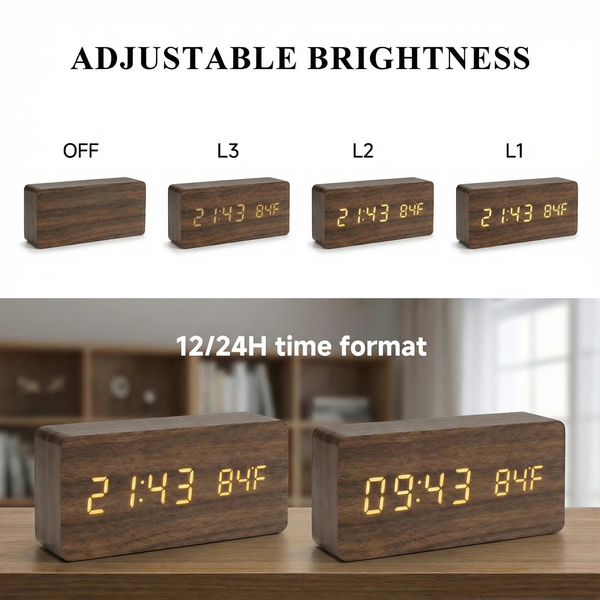 Multi-Function Rectangular Digital Desk Timepiece, Dual Power Supply Led Display Clock With Dimmable Screen, Temperature Readout And Triple Independent Wake Timers