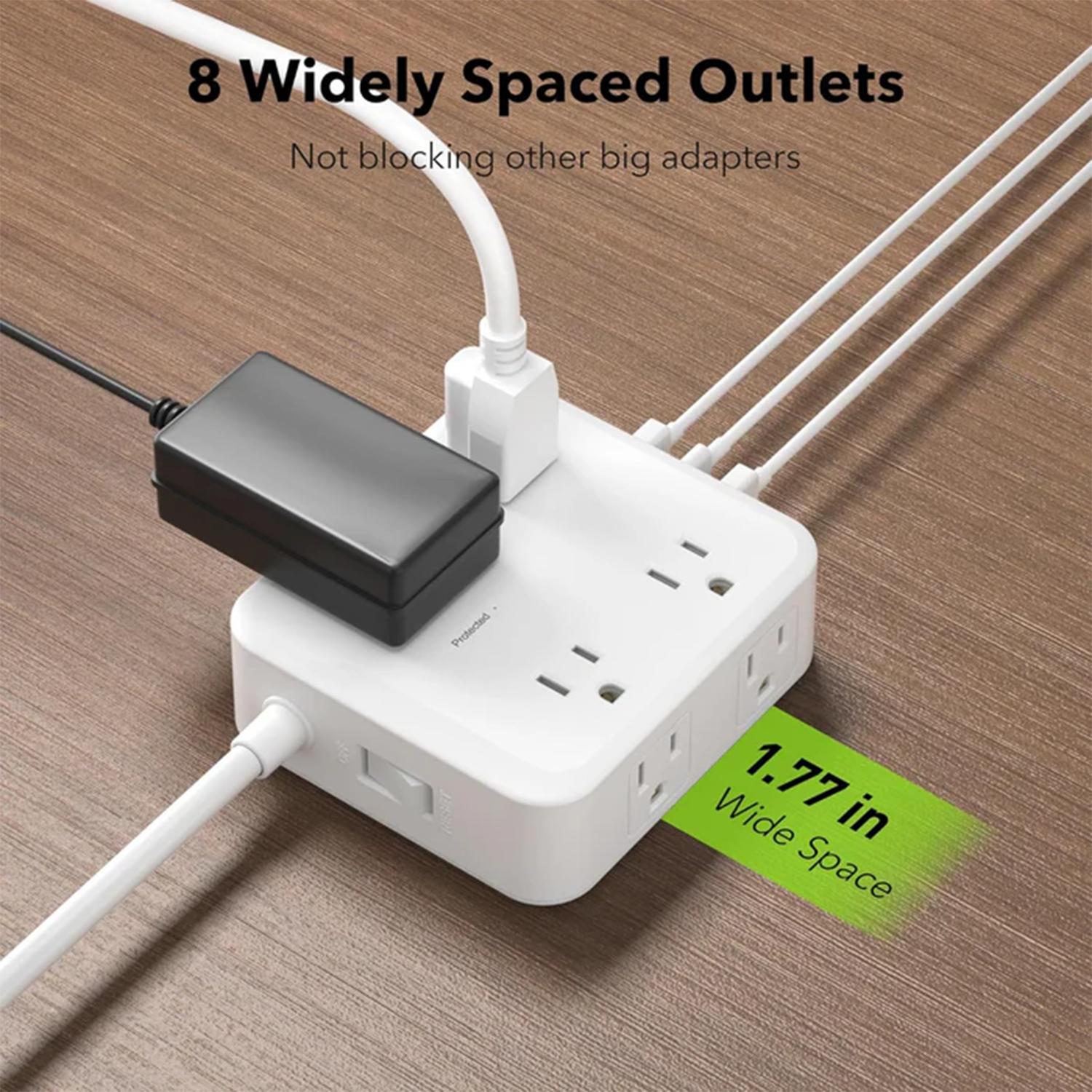 8-Outlet Surge Suppression Power Strip, 5 Foot Heavy-Gauge Extension Cord With Integrated Triple USB Charging Terminals And Wall Mount Brackets