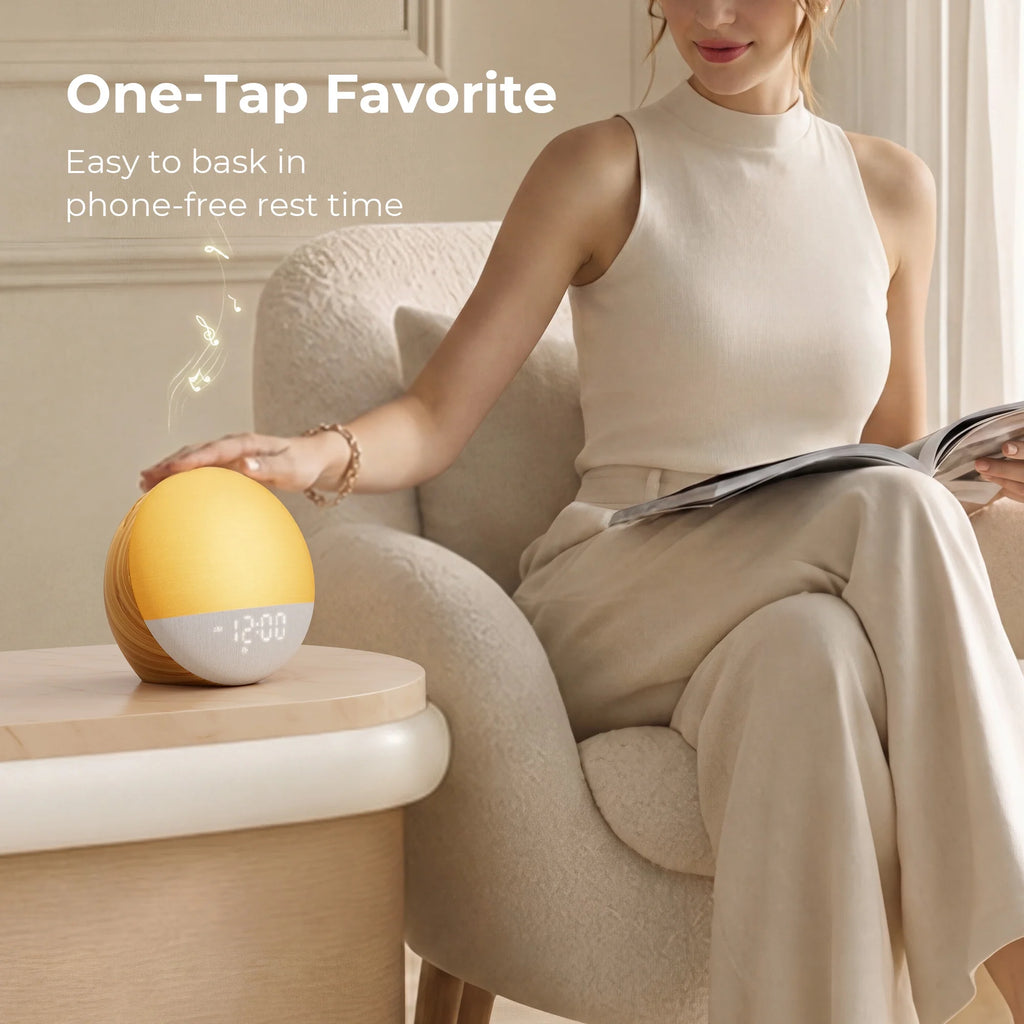 All-In-One Sunrise Wake Light Digital Timepiece, Integrated White Noise Sleep Sound Machine With Multi-Tone Library, Dimmable Ambient Lamp And One-Tap Quick Preset Mode