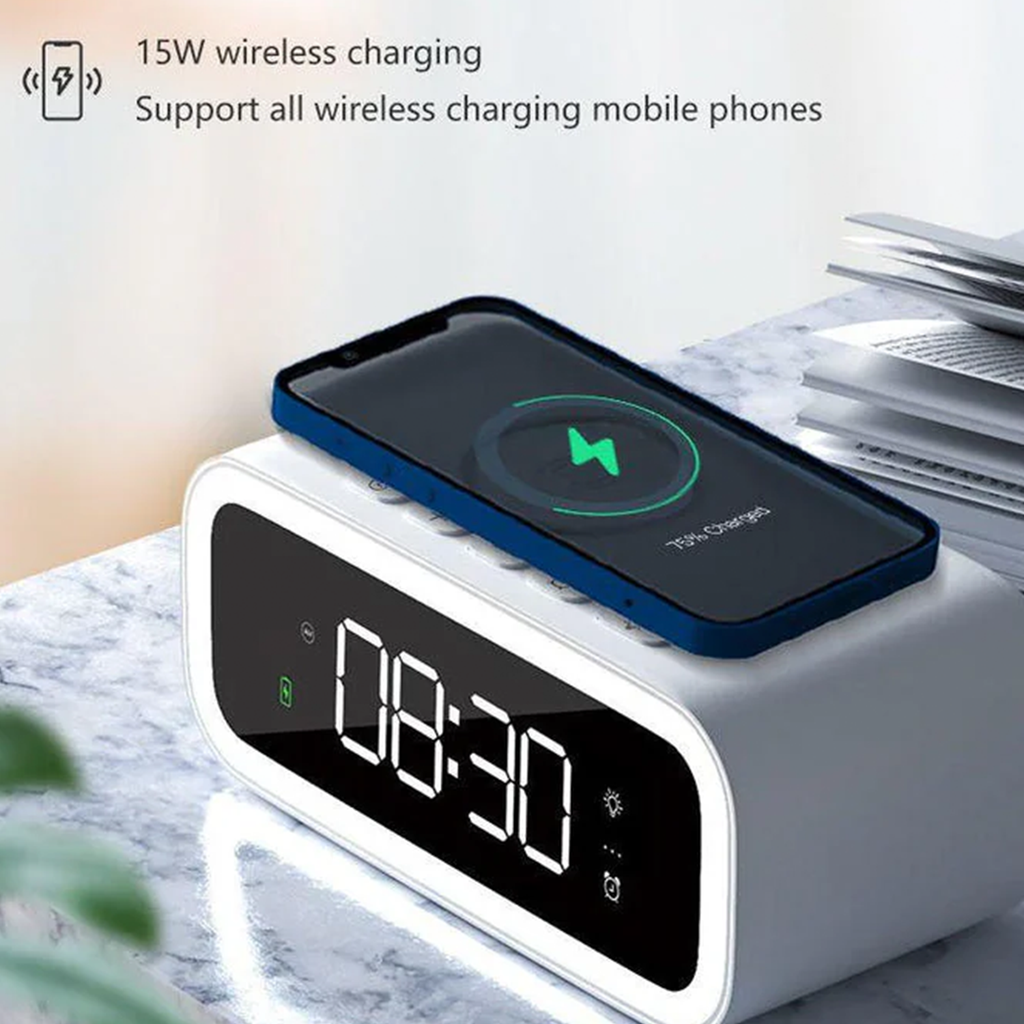 2-In-1 Digital Bedside Timepiece With Built-In 15W Qi Wireless Charging Pad, Dimmable Led Display Alarm Clock Featuring Snooze Function