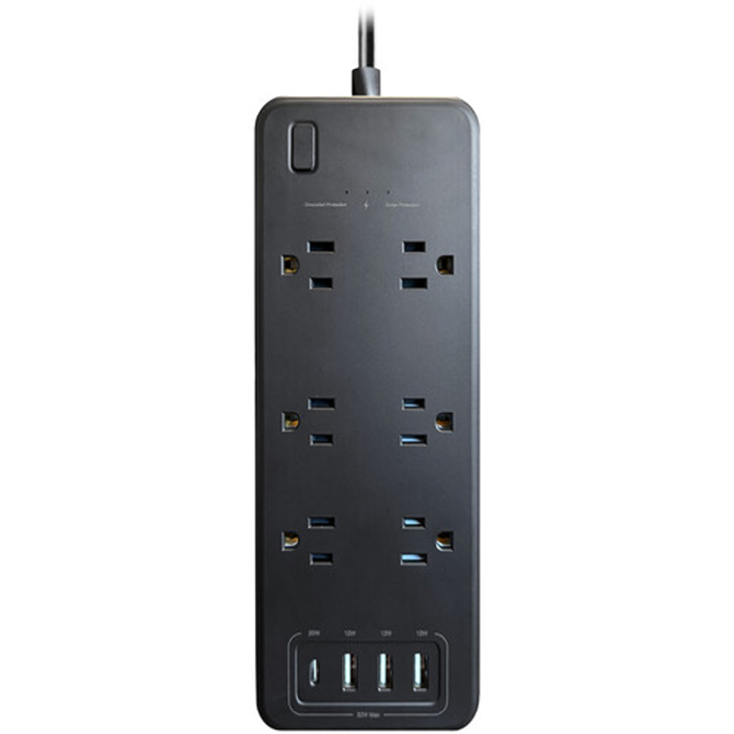 6-Outlet Surge Suppression Power Strip With Quad USB Charging Terminals, 6 Foot 45-Degree Flat Plug Extension Cord