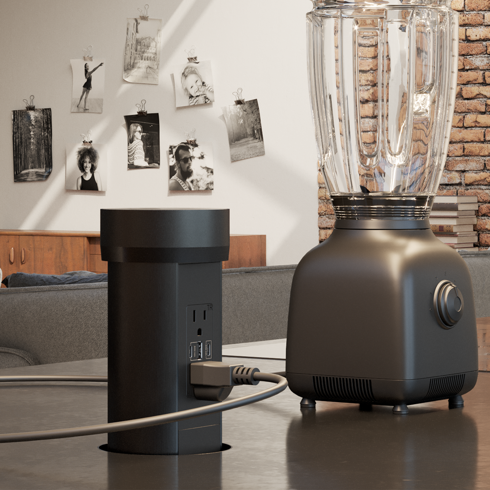 Motorized Pop-Up Countertop Power Receptacle, Recessed Retractable Power Module With Dual AC Sockets And Triple USB Charging Ports