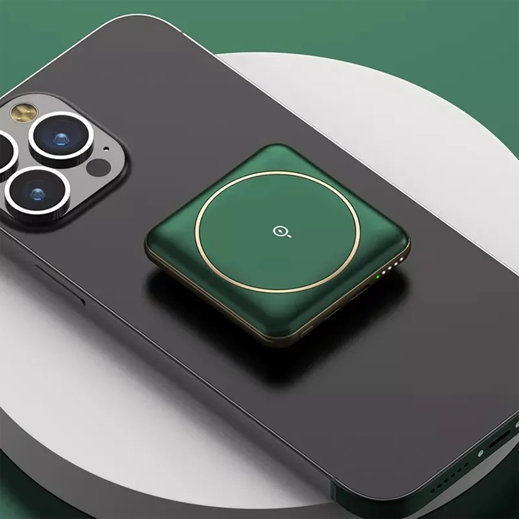 5000Mah Compact Magnetic Wireless Power Bank, Ultra-Thin Square Portable Charger With Gold Trim Frame, Multi Safety Circuit Protection And Visible Power Indicator Lights