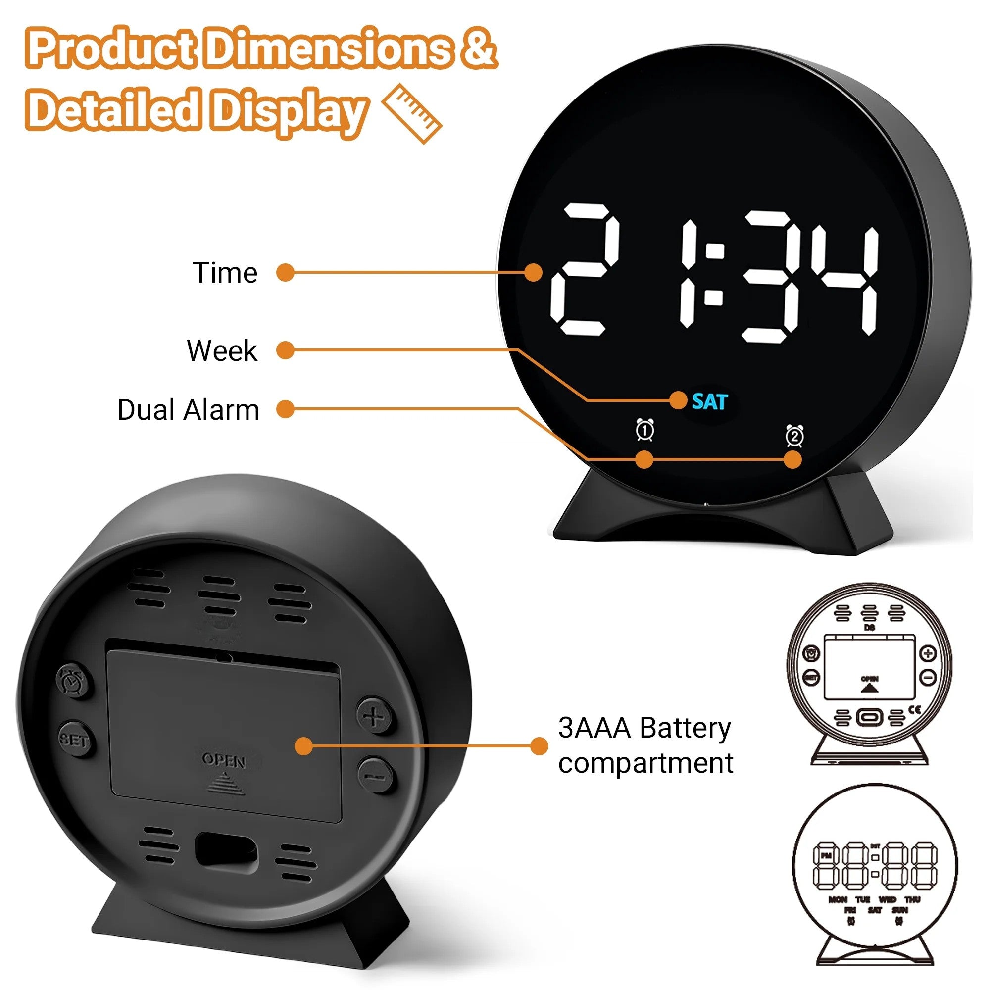 Round Compact Led Digital Bedside Timepiece, Triple Dimmable Display Clock With Dual Independent Wake Timers, Dual Power Supply And Memory Retention For Travel & Bedroom Use