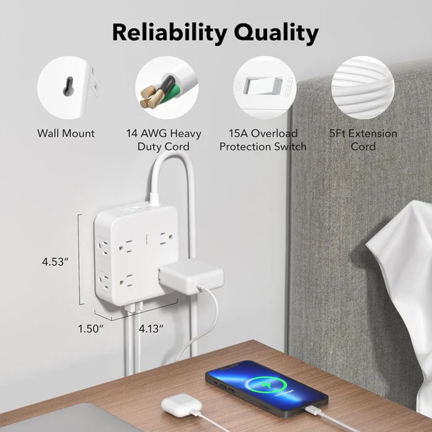 8-Outlet Surge Suppression Power Strip, 5 Foot Heavy-Gauge Extension Cord With Integrated Triple USB Charging Terminals And Wall Mount Brackets