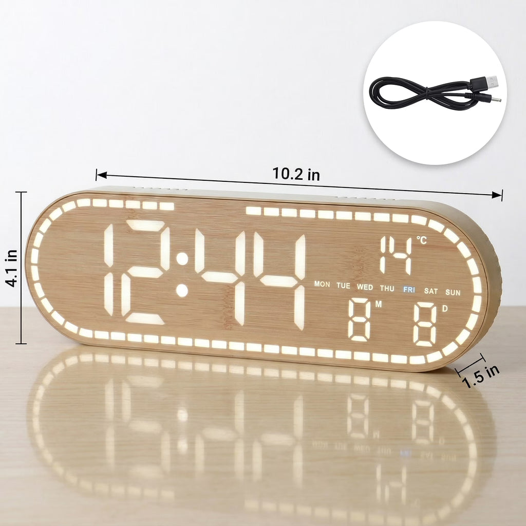 Wood Textured Oval Multi-Function Digital Desk Clock, Auto-Sensing Dimmable Led Timepiece With Dual Wake Timers, Countdown Timer And Power Cut Memory Storage