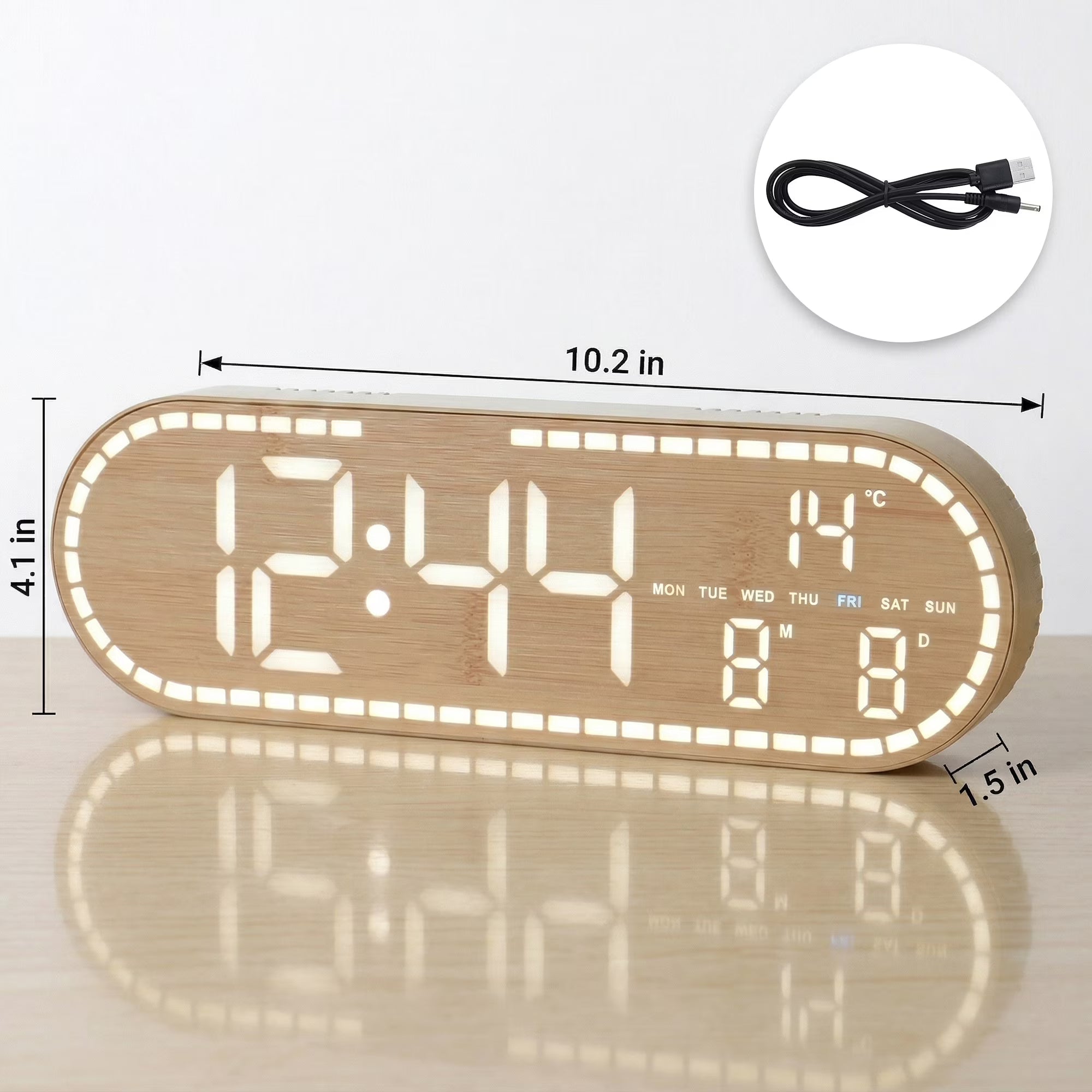 Wood Textured Oval Multi-Function Digital Desk Clock, Auto-Sensing Dimmable Led Timepiece With Dual Wake Timers, Countdown Timer And Power Cut Memory Storage