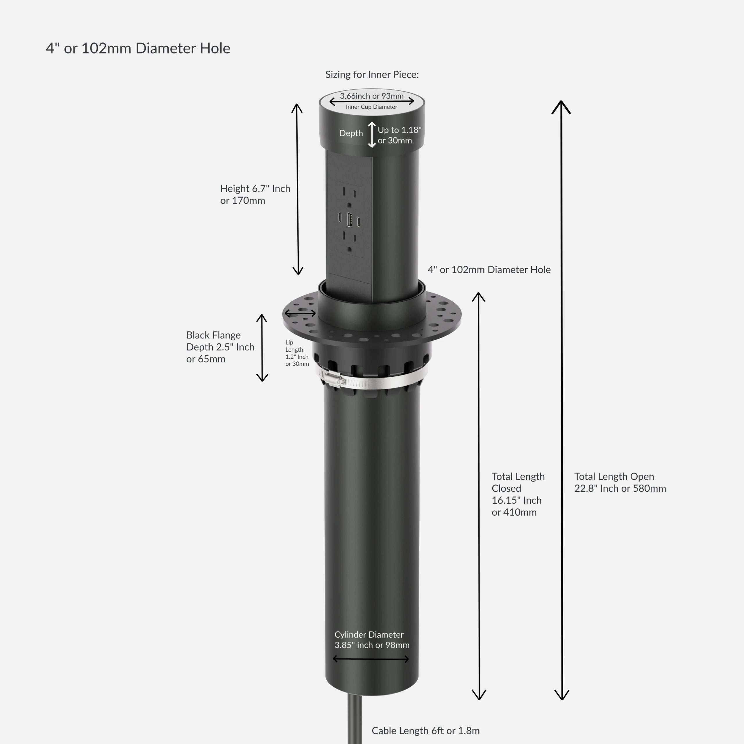 Motorized Pop-Up Countertop Power Receptacle, Recessed Retractable Power Module With Dual AC Sockets And Triple USB Charging Ports