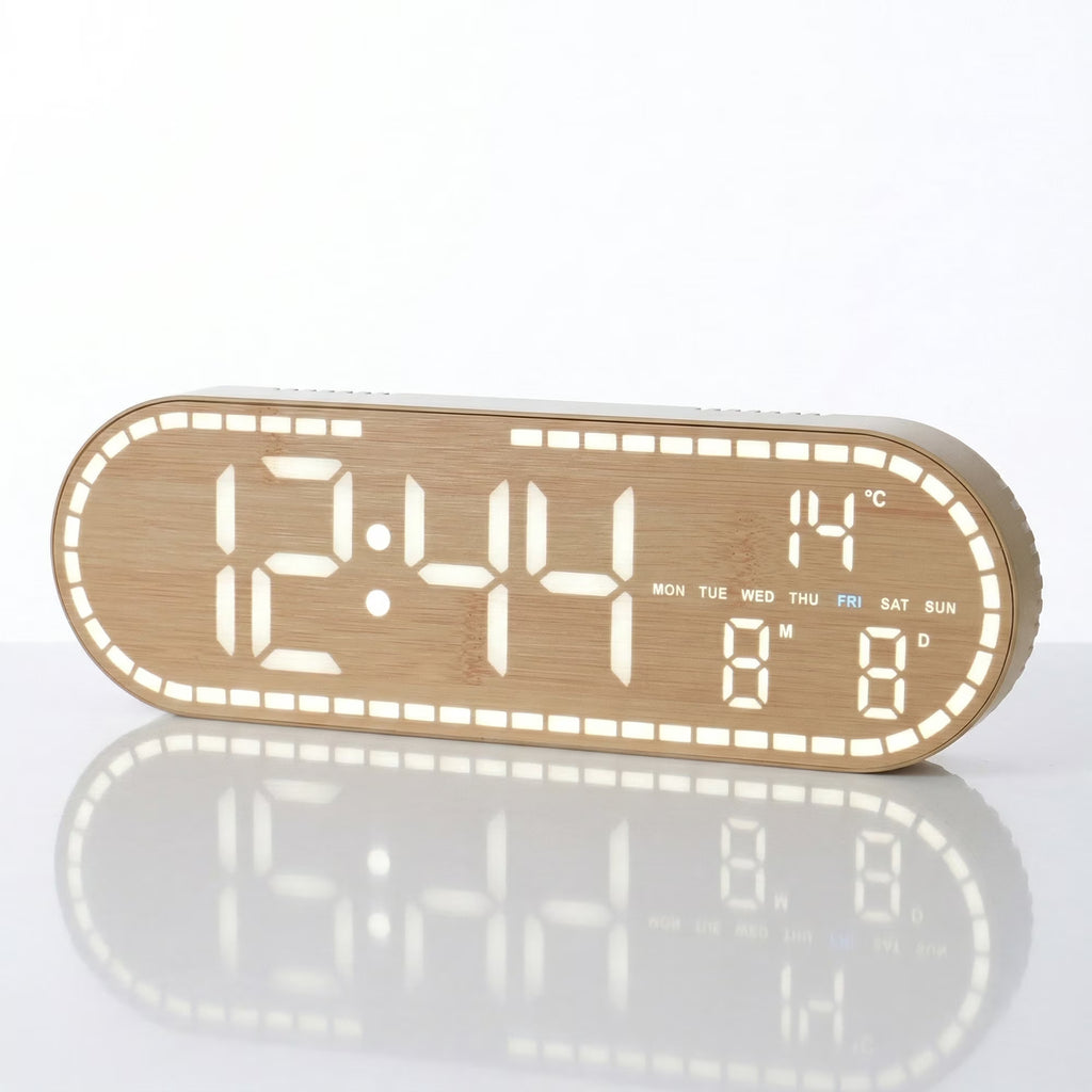 Wood Textured Oval Multi-Function Digital Desk Clock, Auto-Sensing Dimmable Led Timepiece With Dual Wake Timers, Countdown Timer And Power Cut Memory Storage