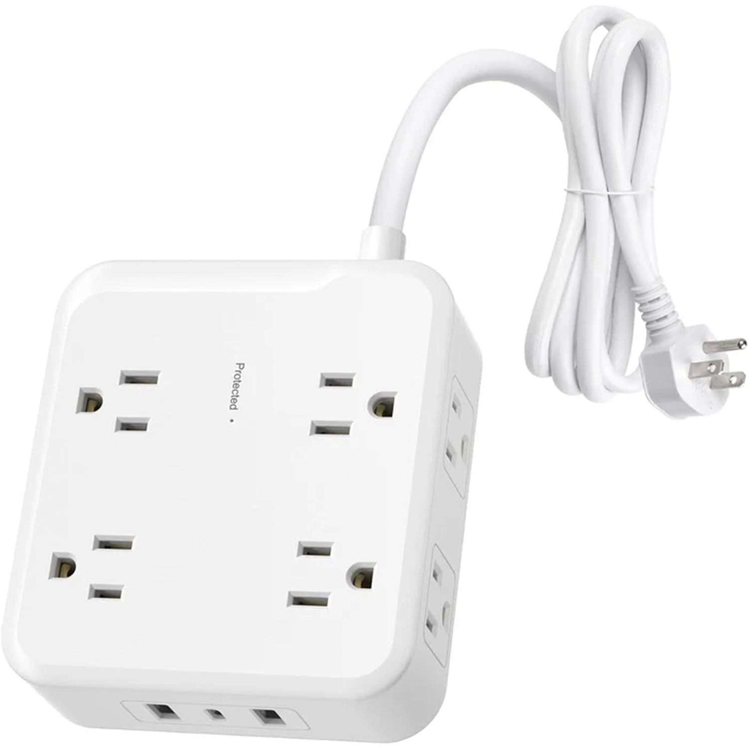 8-Outlet Surge Suppression Power Strip, 5 Foot Heavy-Gauge Extension Cord With Integrated Triple USB Charging Terminals And Wall Mount Brackets
