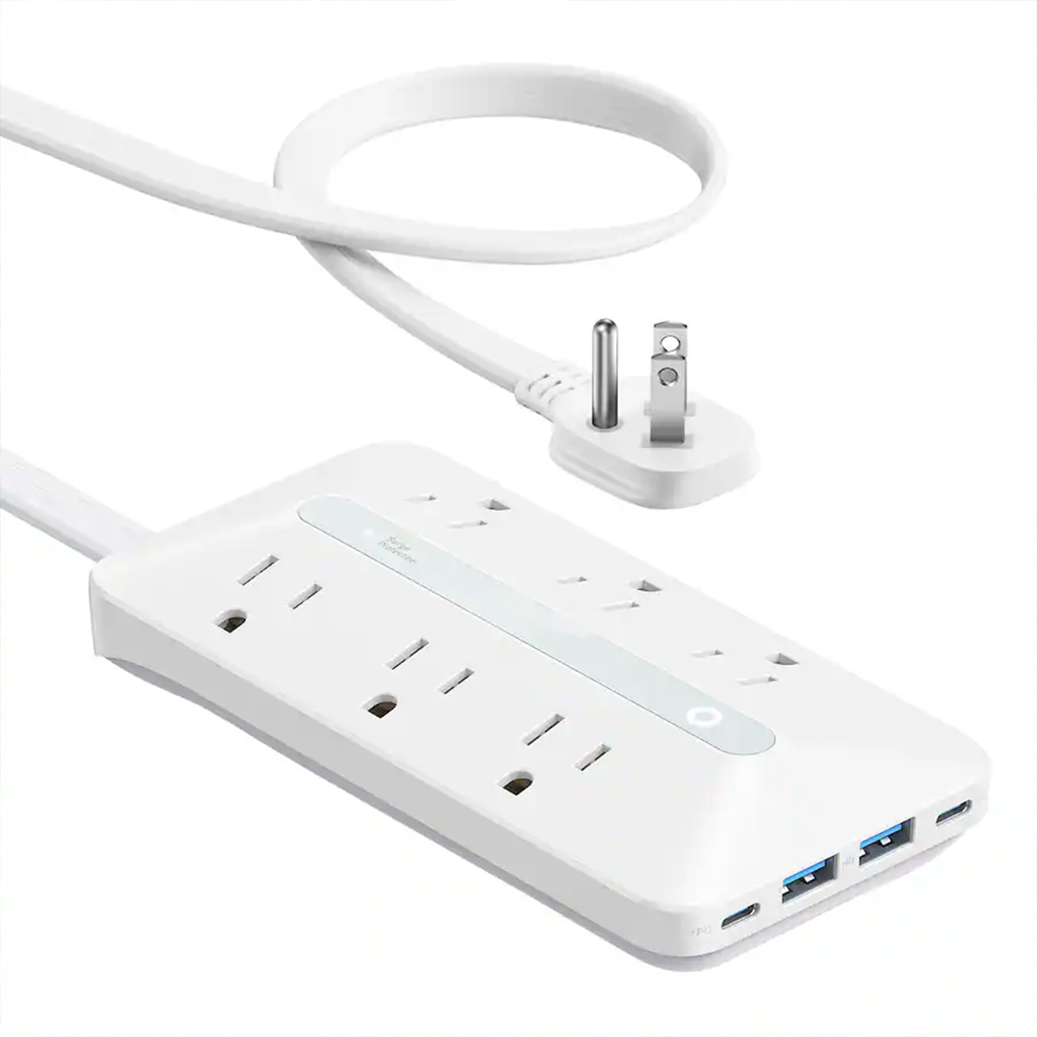 10-In-One Multi-Port Surge Protected Power Strip, Six AC Outlets Plus Dual USB-A And Dual USB-C Fast Charging Ports With Foldable Flat Plug