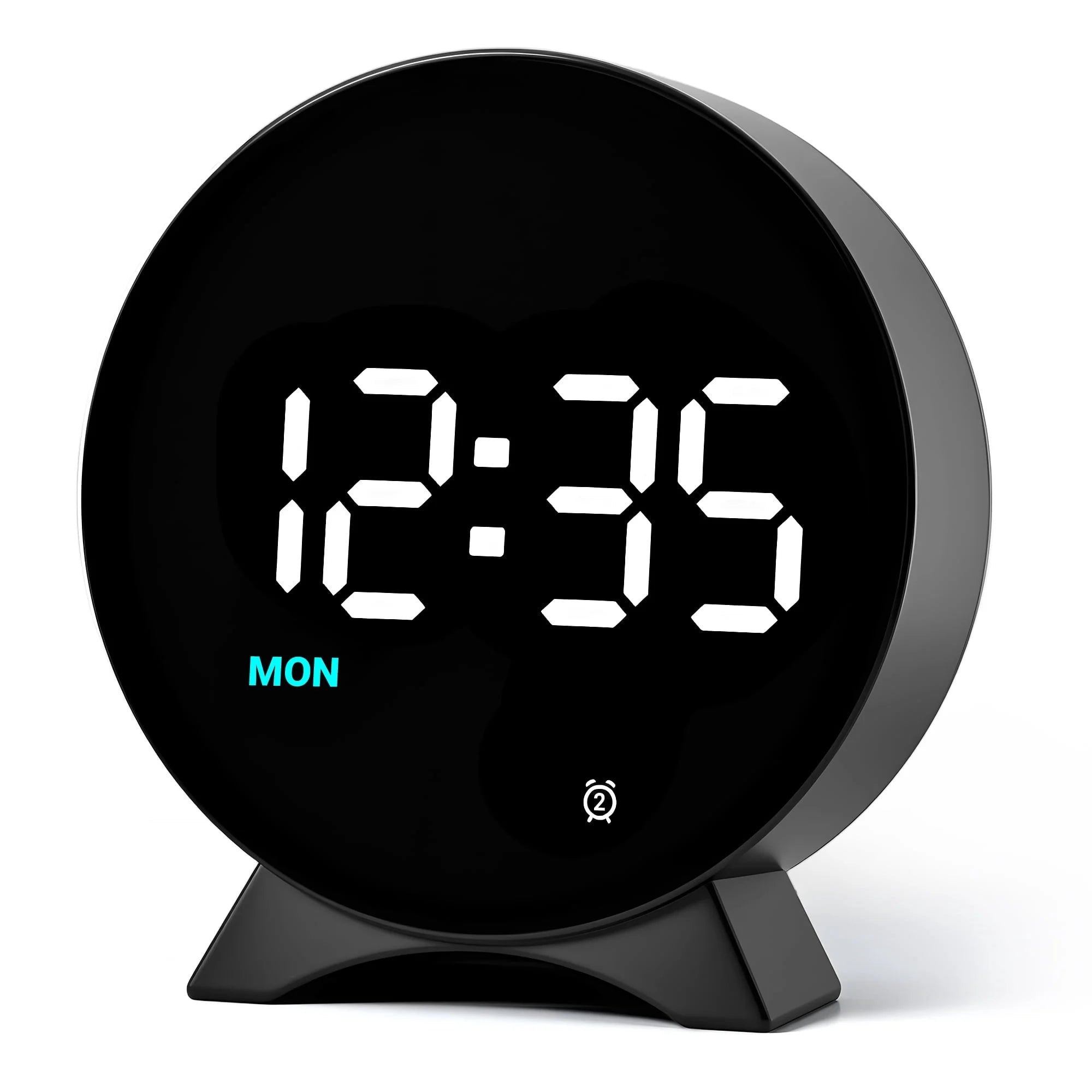 Round Compact Led Digital Bedside Timepiece, Triple Dimmable Display Clock With Dual Independent Wake Timers, Dual Power Supply And Memory Retention For Travel & Bedroom Use