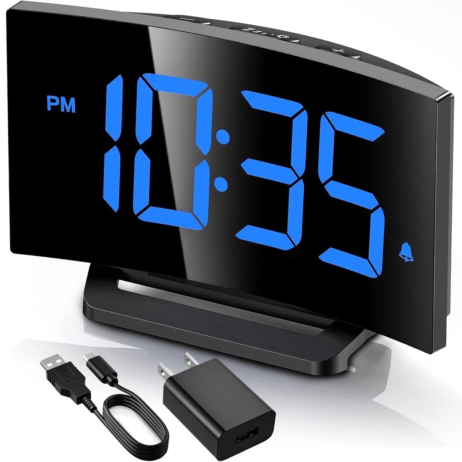 Curved Wide View Led Digital Wake Clock, Large Digit Adjustable Brightness Desk Timepiece With Full Power Supply Kit, Snooze Mode And Dual Time Format