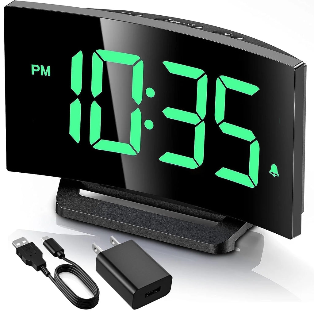 Curved Wide View Led Digital Wake Clock, Large Digit Adjustable Brightness Desk Timepiece With Full Power Supply Kit, Snooze Mode And Dual Time Format