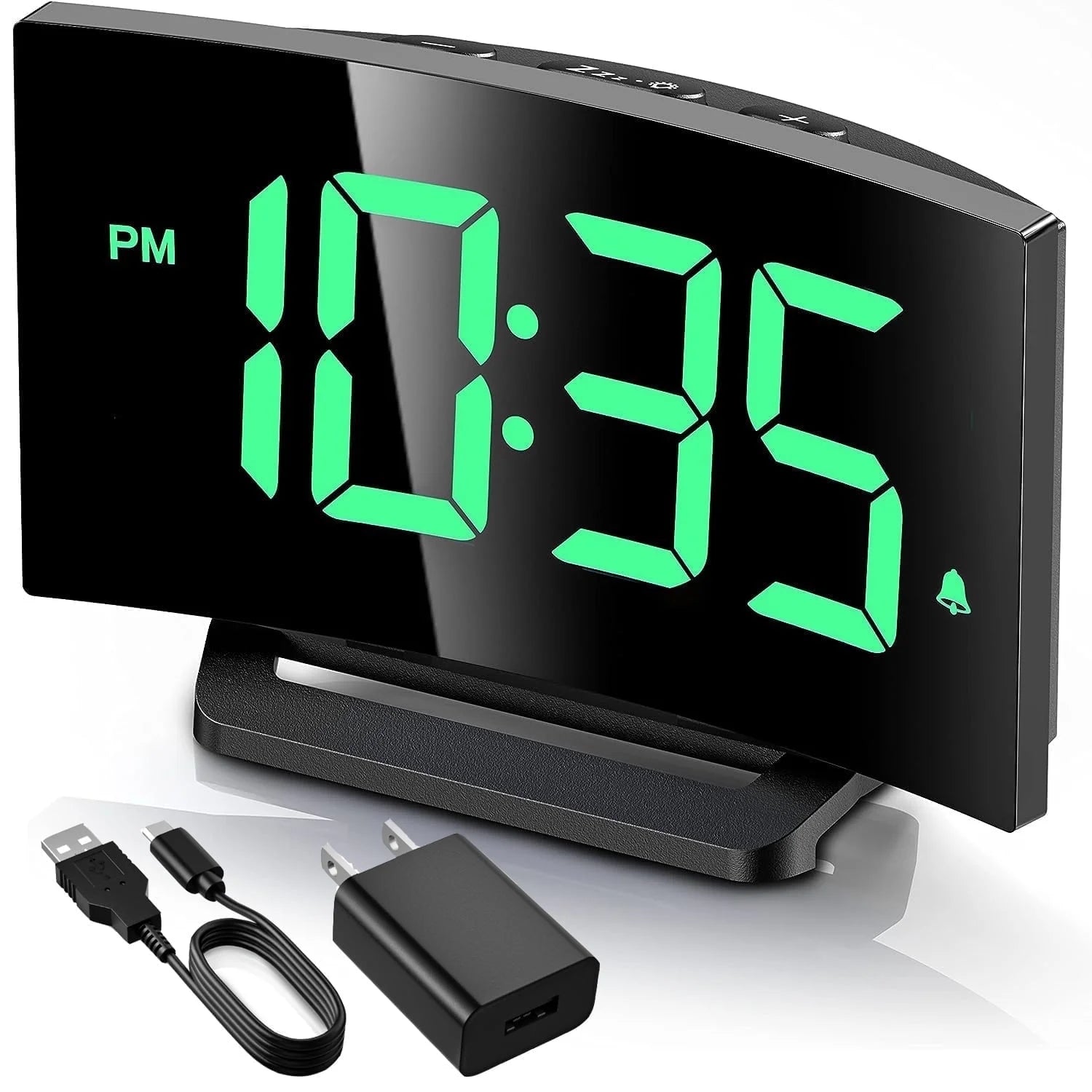 Curved Wide View Led Digital Wake Clock, Large Digit Adjustable Brightness Desk Timepiece With Full Power Supply Kit, Snooze Mode And Dual Time Format
