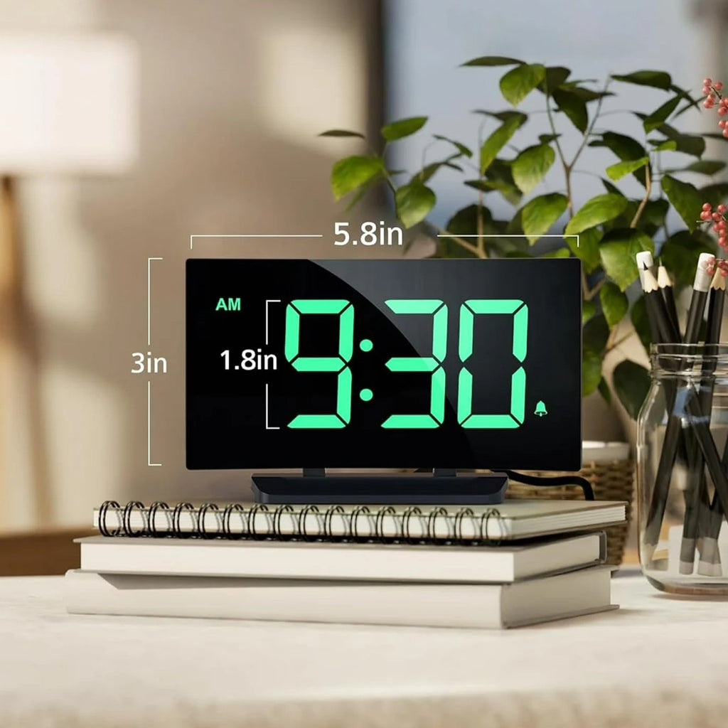 Curved Wide View Led Digital Wake Clock, Large Digit Adjustable Brightness Desk Timepiece With Full Power Supply Kit, Snooze Mode And Dual Time Format