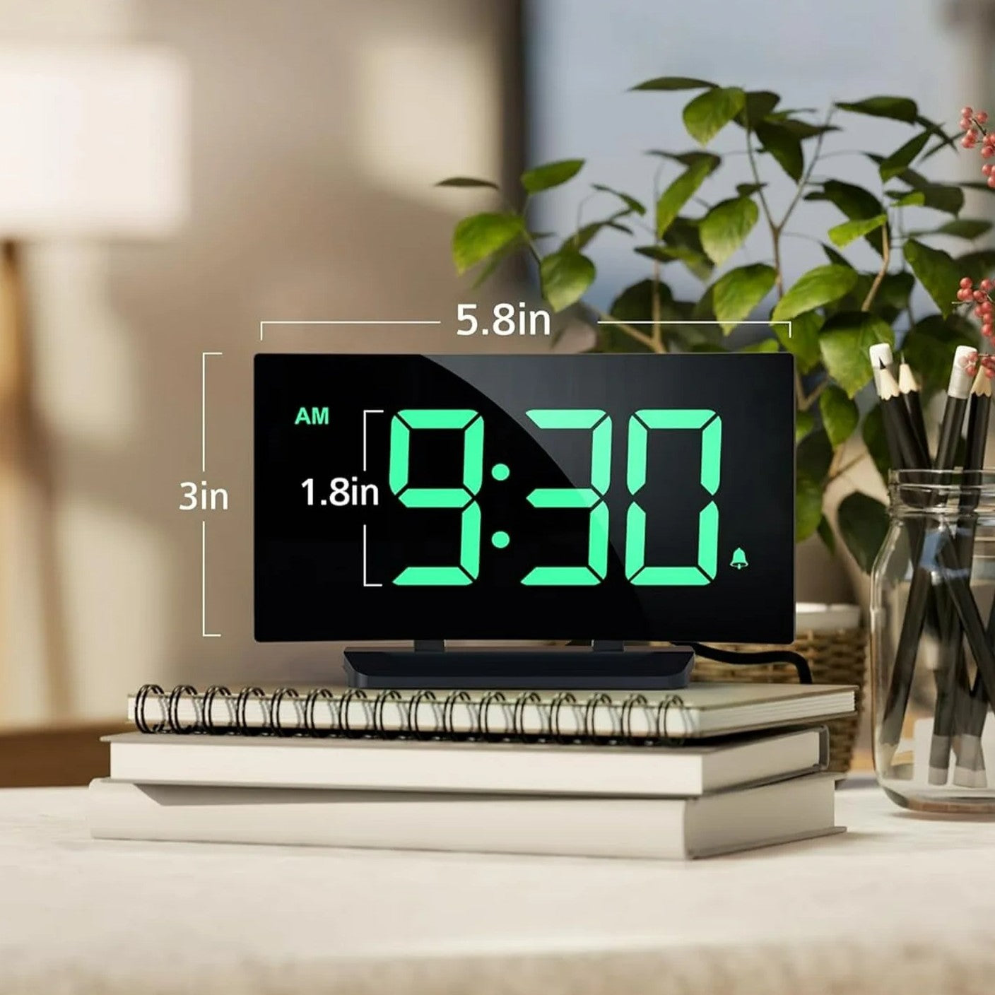 Curved Wide View Led Digital Wake Clock, Large Digit Adjustable Brightness Desk Timepiece With Full Power Supply Kit, Snooze Mode And Dual Time Format