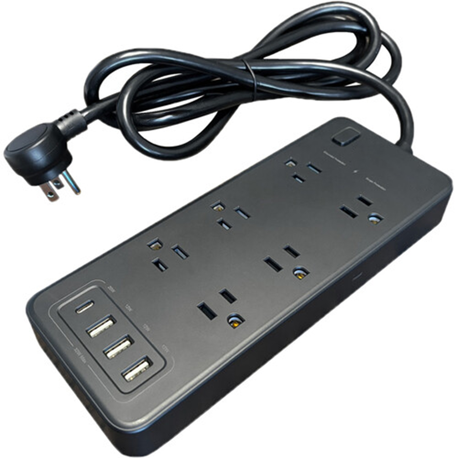 6-Outlet Surge Suppression Power Strip With Quad USB Charging Terminals, 6 Foot 45-Degree Flat Plug Extension Cord