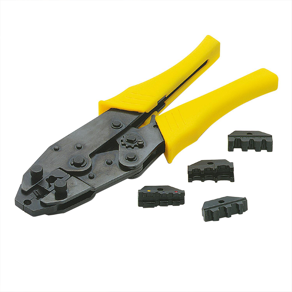 Handheld Ratcheting Ignition Wire Crimping Tool, Black Oxide Steel Crimper With Interchangeable Die Inserts, 9mm Max Cable Capacity And Bright Yellow Plastic Comfort Grips