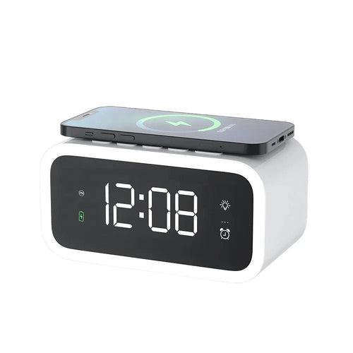 2-In-1 Digital Bedside Timepiece With Built-In 15W Qi Wireless Charging Pad, Dimmable Led Display Alarm Clock Featuring Snooze Function