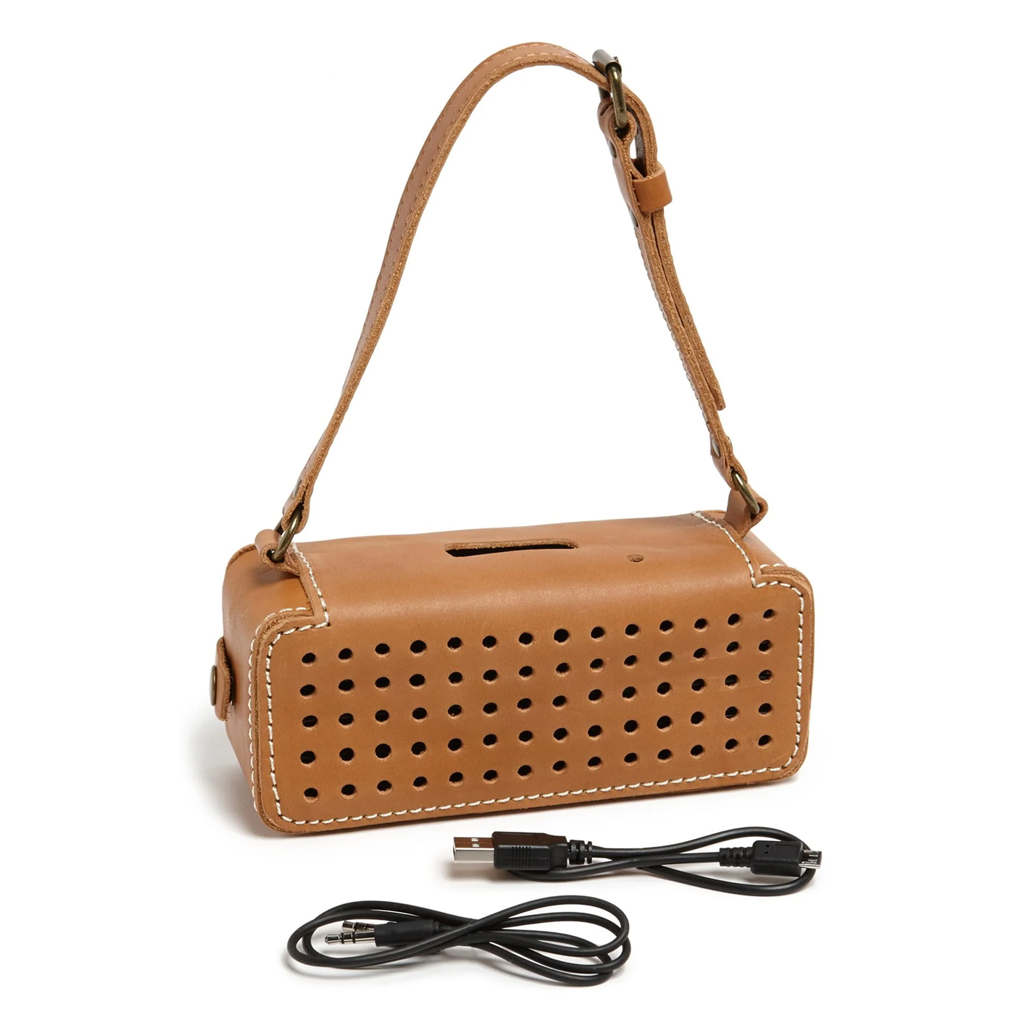 Vintage Style Perforated Leather Encased Bluetooth Portable Speaker With Detachable Carry Strap